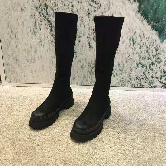 Elastic Thin Boots Women's Net Red Sponge Cake Round Head But Knee-high Tube