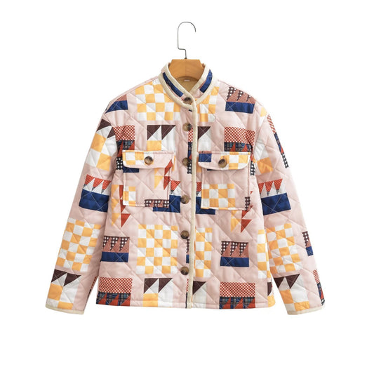 Diamond Lattice Pattern Print Cotton-padded Puffer Jacket Coat