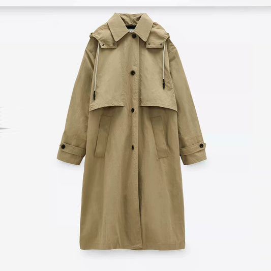 Single Breasted Khaki Solid Hooded Windbreaker
