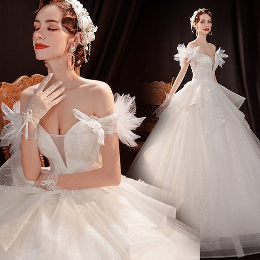 Angel''s wedding dress court fashion French bride champagne petals one shoulder wedding dress