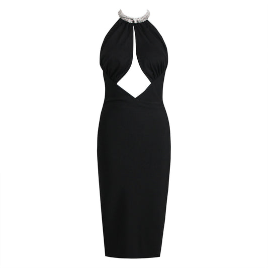 Hollow-out Shiny Rhinestone Collar Halter Dress