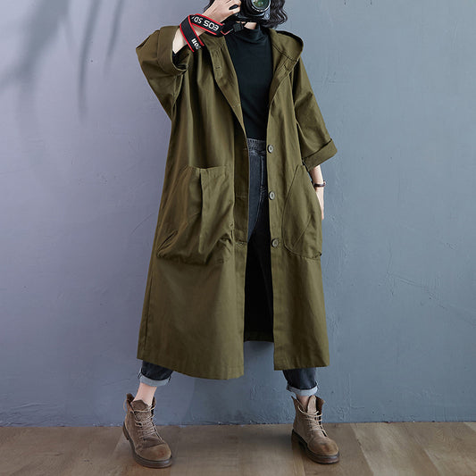 Loose Plus Size Overknee Long Large Pocket Trench Coat