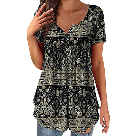 Women's Clothing Summer Fashion New Tops Digital Printing Casual Trend Short Sleeve Henley Shirt