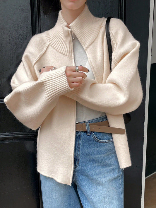 Solid Color Stand Collar Zipper Knitted Cardigan Top