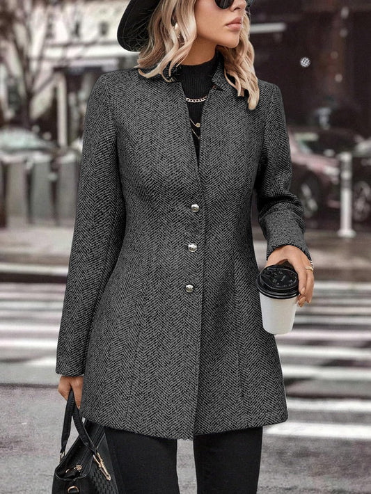 Long Sleeve Solid Color Stand Collar Button Trench Coat Fashion Women's Casual Woolen Coat
