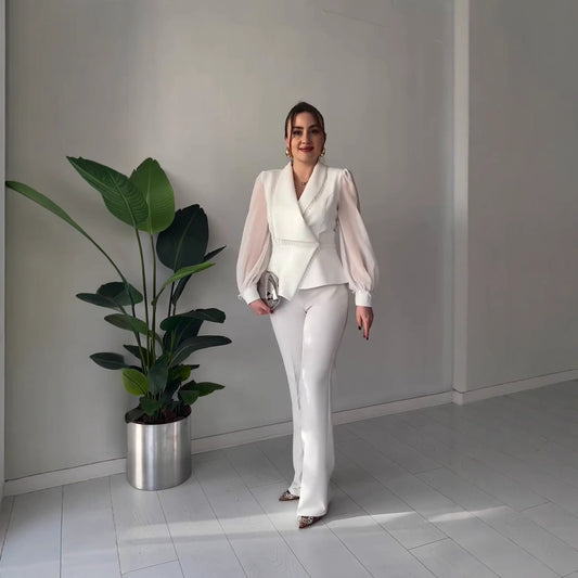 V-neck Stylish Temperament Long Sleeves Solid Color Suit Two-piece Set