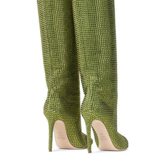 Pointed Toe Cashmere Solid Color Women's Rhinestone Stiletto Heel Knee Boots
