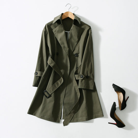 Women's Suit Neck Belt Waist Long Over-the-knee Windbreaker Jacket