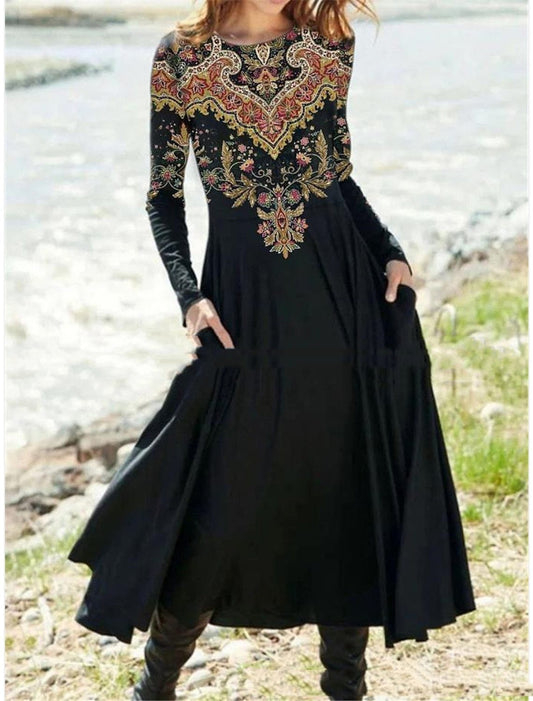 Popular Floral Print Pocket Round Neck Dress