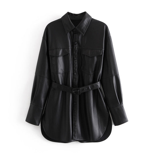 Women's Mid-Length Tunic Leather Shirt Jacket