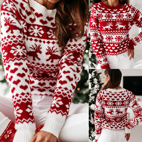 Women's Ugly Christmas Sweater, Elk & Snowflake