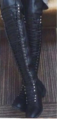 Women's Retro Pu Cross Strap Block Heel Knee Boots