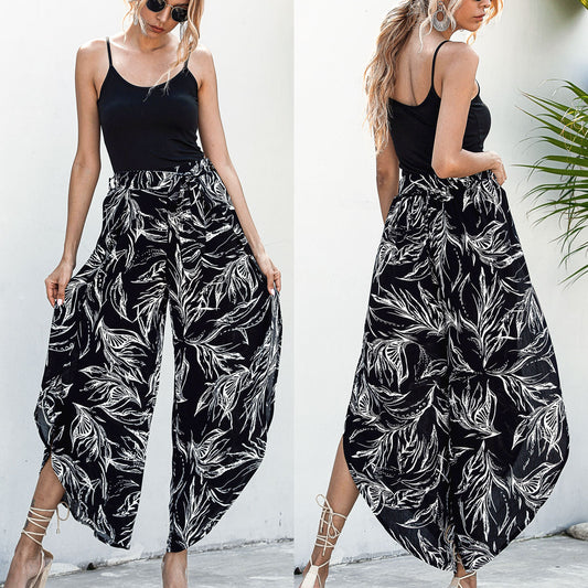 Irregular leopard print wide-leg casual trousers