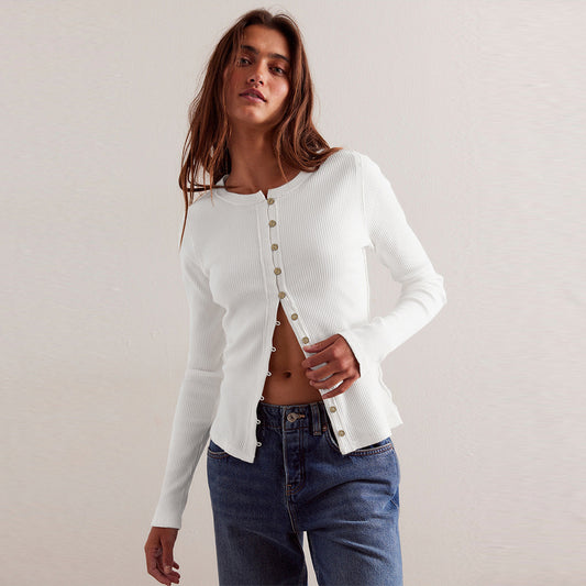 Round Neck Button Rib Solid Color Autumn And Winter Warm Cardigan Jacket For Women
