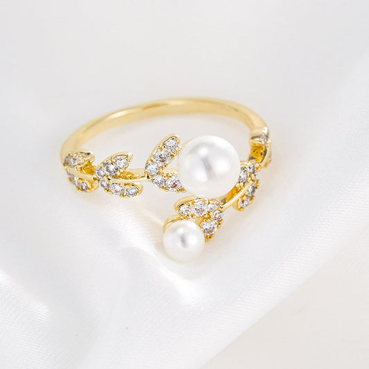 Leaf Pearl Open Adjustable Ring