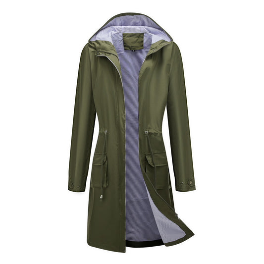 Long Casual Windbreaker Women's Waterproof Hooded Solid Color Striped Lining Straight Coat