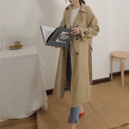 Lace-up collar solid color trench coat