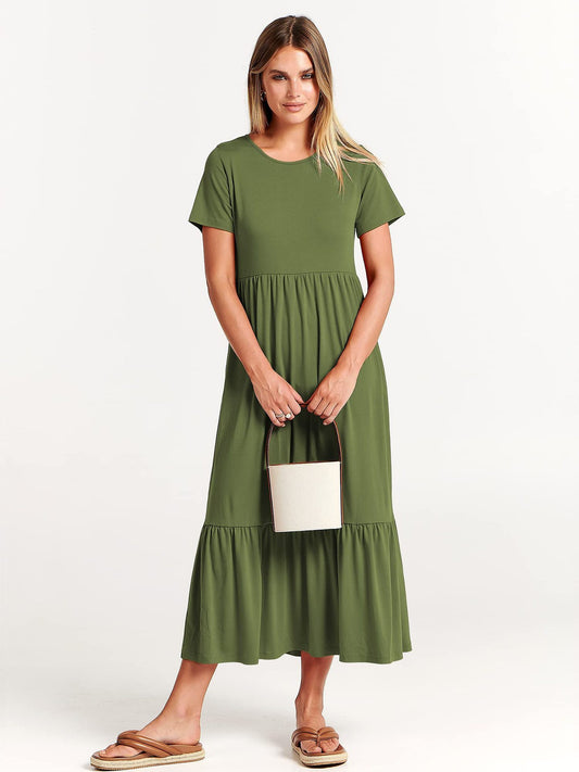 Women's Sub-round Neck Pleating Layered Large Swing Casual Dress