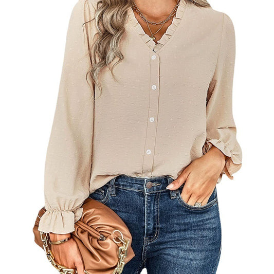 Women's Temperament V-neck Single Row Multi-button Flared Sleeve Loose Long-sleeved Shirt