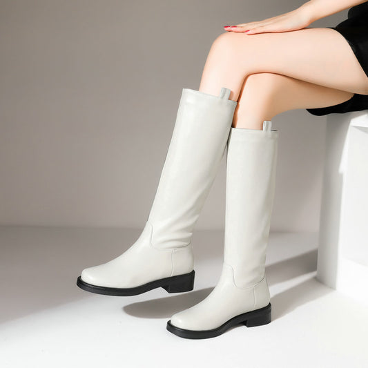 Leather Flat Round Toe Sand Brown Below The Knee Leg Boots