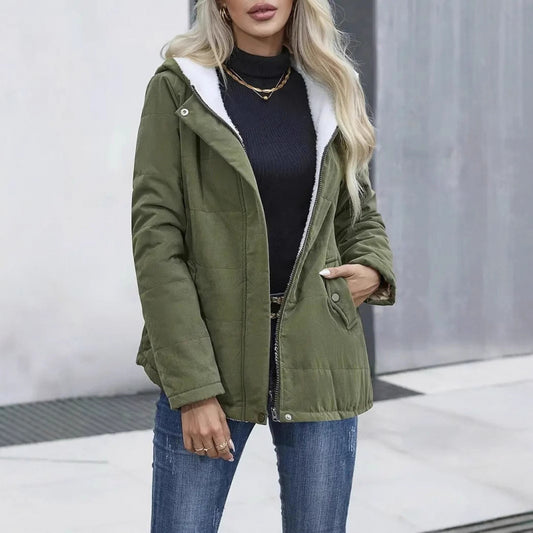 Fleece-lined Hooded Coat Winter Preppy Style Long Sleeve Jacket Warm Pockets Cotton Coat Women's Clothing
