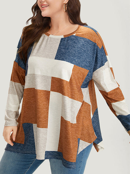 Fashion Casual Round Neck Printed Plus Size Long Sleeve T-shirt