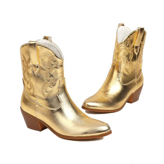 Mirror Patent Leather Embroidery Knee Boots Pointed Mid-calf Embroidery Chunky Heel