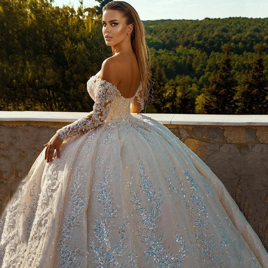 Fashion Shiny Long Sleeve Ball Gown Fitted Waist Backless Sequin Wedding Dress