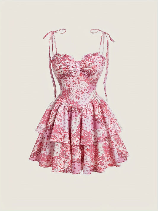 Floral Strap Retro Double Layer Helm Dress