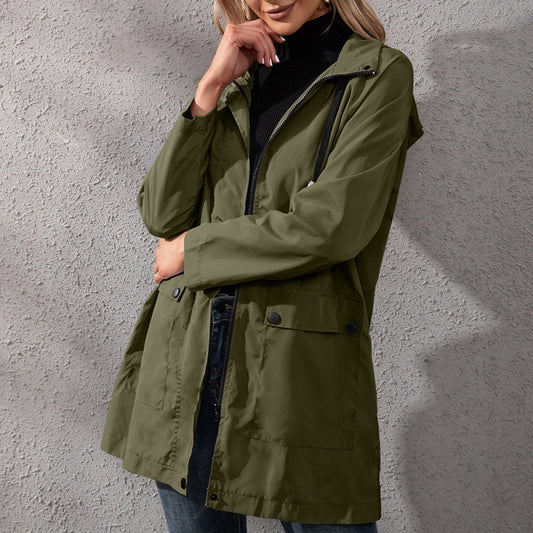 Casual Mid-length Zipper Waterproof Hooded Trench Coat