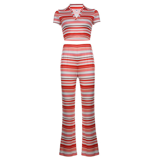 Short Sleeve Crop Slim Waist Straight Slim Trousers Two-piece Set