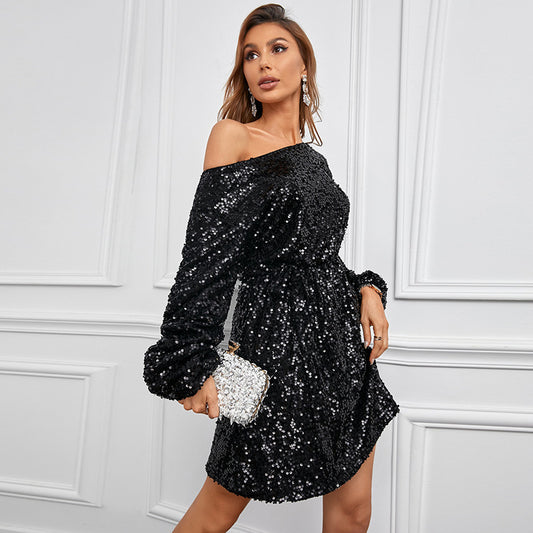 Women's Round Neck Sequined Long-sleeved Waist Sexy Dress