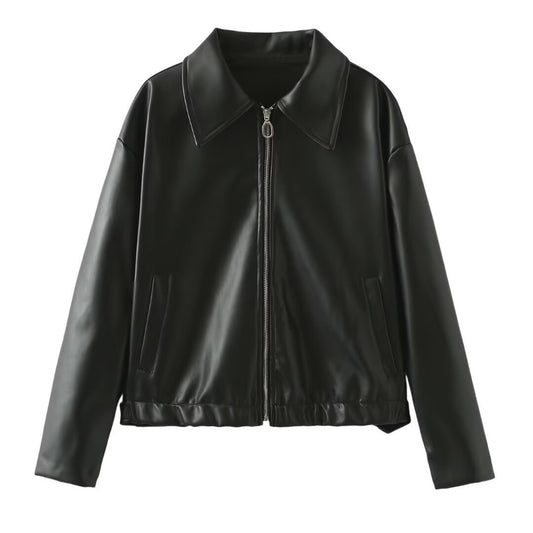 Lapel Zipper Jacket Casual Long Sleeve Leather Coat