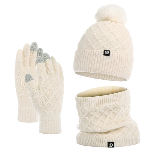 Autumn And Winter Hat Scarf Gloves Knitted Hat Amazon Outdoor Fleece-lined Warm Fur Ball Thickened Woolen Cap Three-piece Set