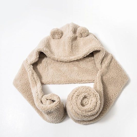 Cute Bear Hat Scarf Integrated Women's Autumn And Winter Plush Thickened Hat Scarf Integrated Three-piece Suit