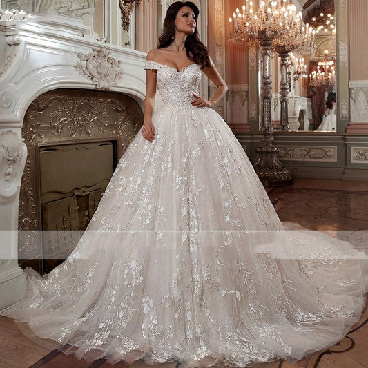Off-shoulder French-style Bride Trailing Mori Style Simple Small Wedding Dress