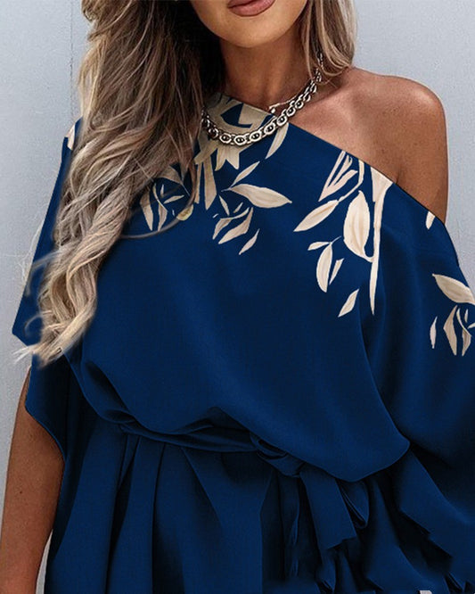 European And American Women's Printed Diagonal Shoulder Casual Loose Skirt