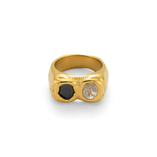 18K Real Gold Plating INS Personalized Hip Hop Two-color Different Pupil Zircon Ring