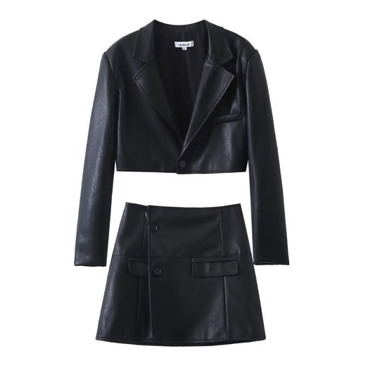 Spicy Girl Style Leather Coat Skirt Fashion Suit