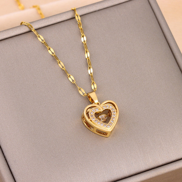 Double Layer Heart Pendant Necklace – Rhinestone Titanium Steel