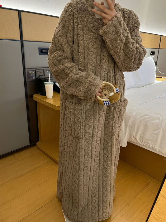Winter Coral Fleece Sleepwear Women's Nightgown Long Night Dress Pajamas With Pockets Thickened Jacquard Dress Warm Home Clothes
