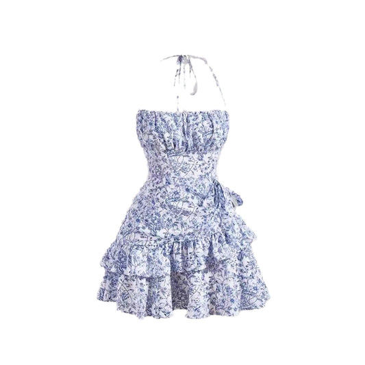 Dress Floral Flounce Halter Lace-up Sexy Waist Trimming