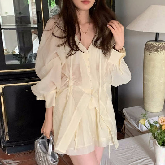 Retro Temperament V-neck Lace-up Pleated Long-sleeved Shirt And Shorts Set