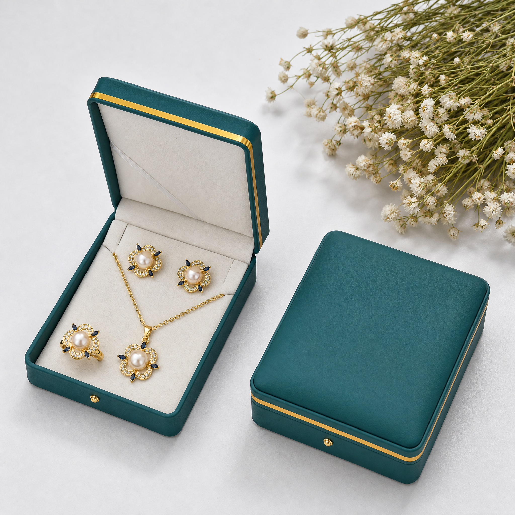 Real pearl gold flower necklace, earrings and ring set