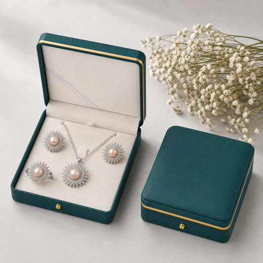 Real pearl silver starburst necklace, earrings and ring set