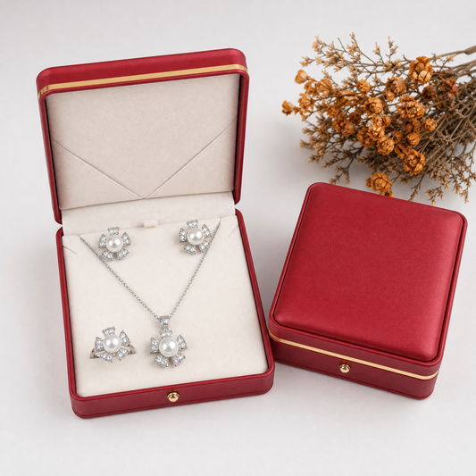 Real pearl silver pinwheel flower jewelry set