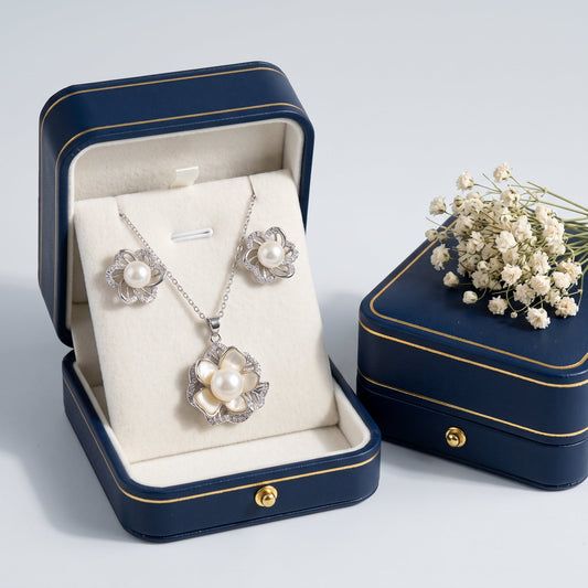 White pearl mother-of-pearl blossom necklace and earrings set