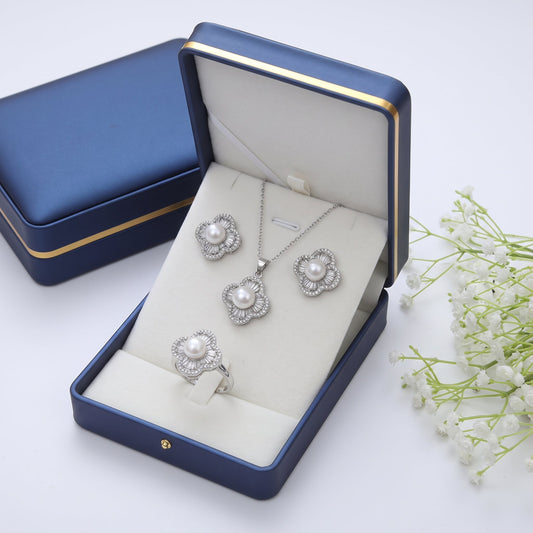 White pearl scalloped baguette flower jewelry set