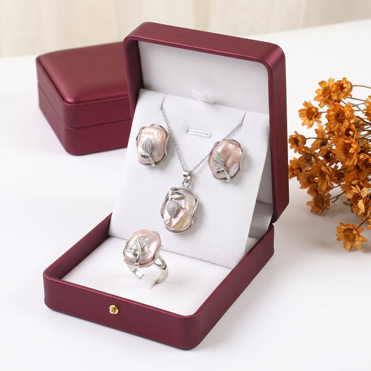 Blush baroque pearl silver leaf necklace, earrings and ring set