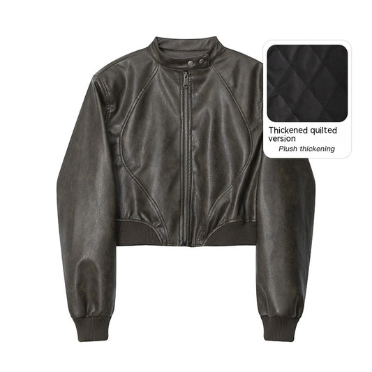 American Fashion Stand Collar Long Sleeve Short PU Leather Short Jacket